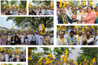 बिजली संकट, महंगी दरों और स्मार्ट मीटर की गड़बड़ियों को लेकर AAP का प्रदर्शन।