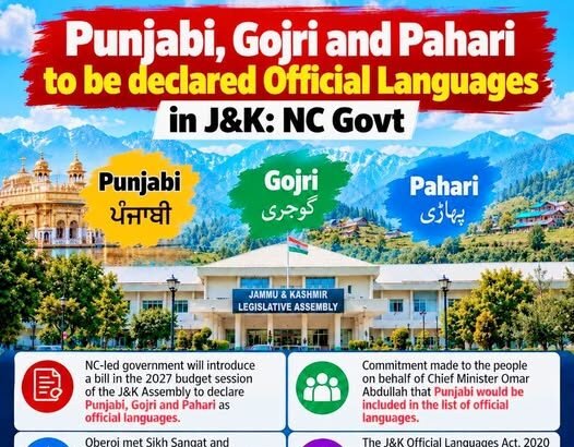 जम्मू-कश्मीर में पंजाबी, गोजरी और पहाड़ी को मिल सकता है आधिकारिक भाषा का दर्जा, 2027 के बजट सत्र में विधेयक लाने की तैयारी!